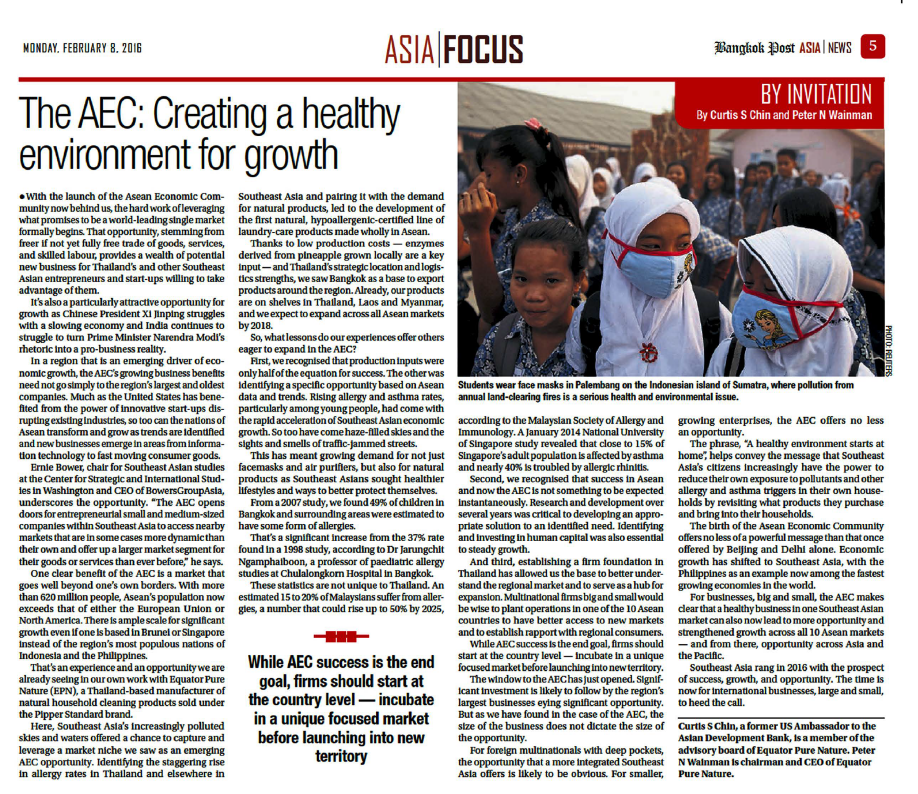 February 8th 2016  Bangkok Post News:The AEC: Creating a healthy environment for growth by Curtis Ch